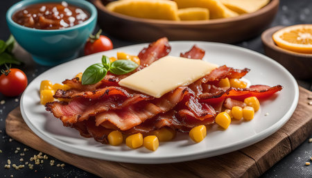 A plate of crispy bacon with corn kernels and a slice of cheese. It's a delicious and satisfying meal that is perfect for any occasion.の写真素材