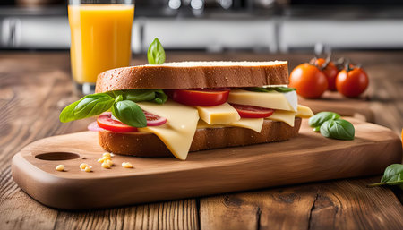 A close-up of a delicious cheese sandwich on a wooden board, perfect for a simple yet satisfying lunch or snack.の写真素材