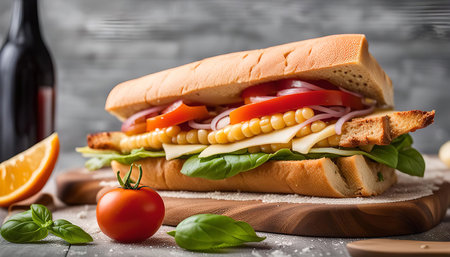 A delicious looking sandwich with corn, tomatoes, cheese and green leaves on a wooden plate.の写真素材