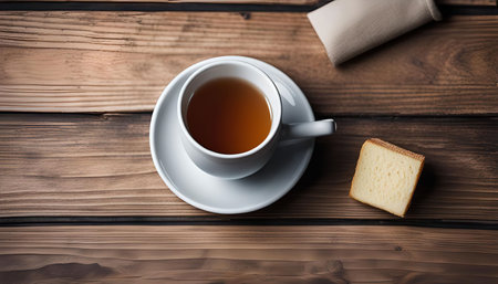 A cup of tea and a piece of bread are placed on a wooden table, creating a simple, cozy scene perfect for a relaxing afternoon.の写真素材