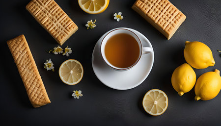A still life photo of a cup of tea, lemon slices, and biscuits arranged on a black surface. It creates a simple and inviting scene.の写真素材