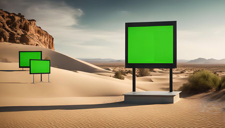 Three green screens stand in a desert landscape, offering a blank canvas for advertising or media displays. The dunes and clear sky provide a stark contrast.の写真素材