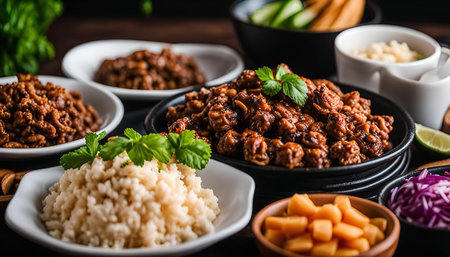 A delicious and appetizing assortment of Asian dishes arranged on a wooden table. The platter features various side dishes including rice, vegetables, and meat, all prepared with fresh ingredients and bursting with flavor.の写真素材