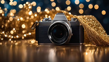 A vintage film camera sits on a table with a golden light background. The camera is a symbol of past photography techniques and the golden lights create a warm, nostalgic atmosphere.の写真素材