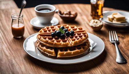 A delicious stack of golden waffles topped with blueberries and ready to be drizzled with caramel sauce. The table setting is complete with coffee, tea, and other breakfast delights.の写真素材