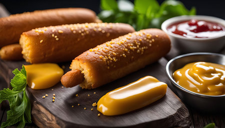 Three deep-fried corn dogs with a side of yellow mustard and red ketchup.の写真素材