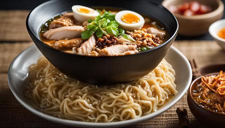 Close-up shot of a bowl of ramen noodles with chicken and egg. The noodles are steaming and the broth is rich and flavorful.の写真素材