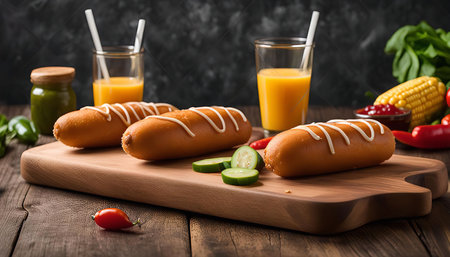A close-up of three corn dogs with white sauce on a wooden cutting board, alongside orange juice and cucumbersの写真素材