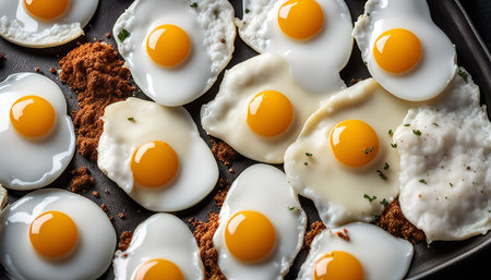 A close-up shot of fried eggs on a black pan with herbs and spicesの写真素材
