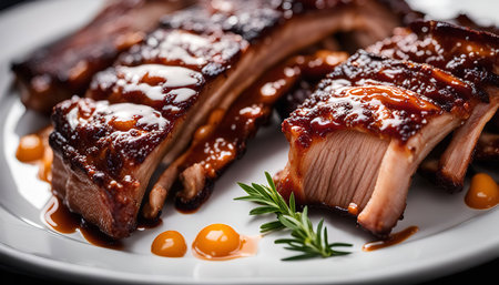 Close up of grilled pork ribs with sauce on a white plateの写真素材