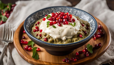 A close-up shot of a delicious middle eastern dish in a bowl, garnished with fresh pomegranate seeds and a dollop of yogurt. The dish is served on a wooden platter with a fork on the side. The colors are vibrant and the food looks appetizing.の写真素材