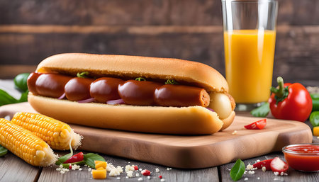A close-up shot of a delicious hot dog with toppings like mustard, ketchup, onions, and cheese, served on a wooden board.の写真素材