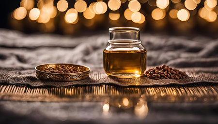 A glass jar filled with golden barley oil, surrounded by barley seeds. A still life photograph of this food product, captured from a close up view.の写真素材