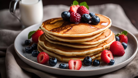A stack of golden brown pancakes topped with fresh berries and a drizzle of syrup, ready to be enjoyed for a delicious breakfast.の写真素材