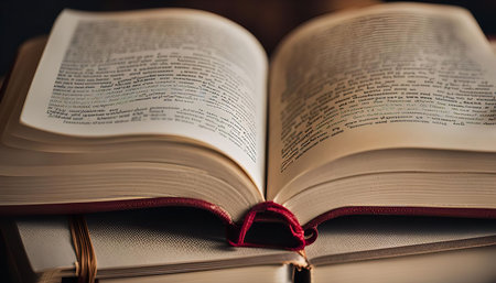 A close-up of an open book on a stack of books. The pages are filled with text, suggesting knowledge and the power of words.の写真素材