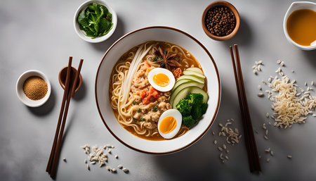 A close up shot of a bowl of ramen noodles with eggs, broccoli, and zucchini. The noodles are in a broth and there are chopsticks on the side.の写真素材