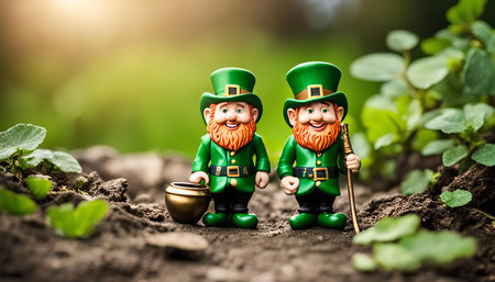Two leprechauns stand in a lush green meadow, one holding a pot of gold. The leprechauns are dressed in traditional green clothing and hats. The background is a blur of green foliage.の写真素材
