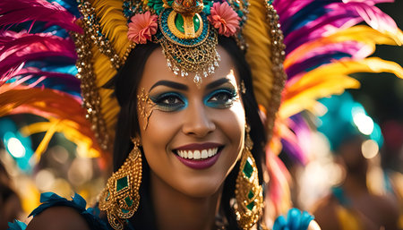 A woman with a radiant smile wearing a vibrant, feathered carnival costume, radiating happiness and joy during the celebration.の写真素材