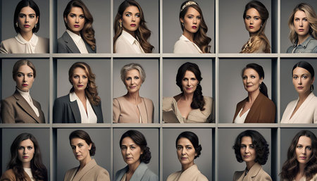 A group portrait of diverse women dressed in suits and dresses, showing a variety of styles and ages. The image captures a sense of professionalism and confidence, with each woman looking directly at the camera.の写真素材