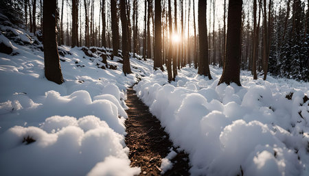 A picturesque winter path winding through a snow-covered forest with sunlight filtering through the trees.の写真素材