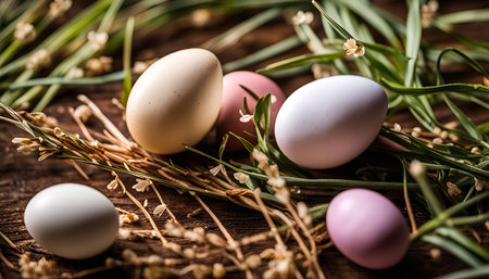 A collection of colorful Easter eggs nestled in a bed of green spring grass, showing the spirit of the holiday.の写真素材