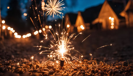 A single sparkler burns brightly in the foreground, illuminating the night with its golden glow. The surrounding area is a blur of warm lights, suggesting a festive gathering and celebration.の写真素材