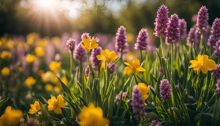 A vibrant meadow bursts with color as yellow wildflowers stand tall, bathed in the warm glow of sunlight. The delicate purple blooms create a stunning contrast, adding depth and beauty to this natural scene.の写真素材
