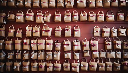 A wall adorned with rows of wrapped gifts, each tied with a red ribbon. The rustic wood background and the simple, minimalist design create a warm and festive atmosphere.の写真素材