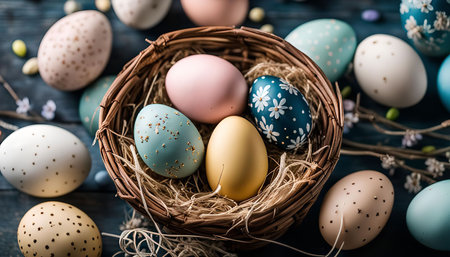 A close-up of a woven basket nest filled with colorful Easter eggs, with other Easter eggs scattered around on a blue wooden surface.の写真素材