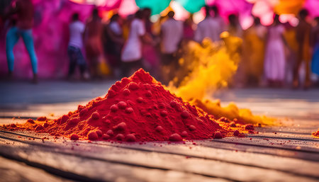 A pile of red Holi powder sits on a wooden floor, with a trail of yellow powder to the right. A blurred background of people in the background suggests a vibrant celebration in progress.の写真素材