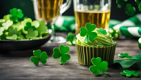 A green cupcake decorated with shamrocks sits on a table surrounded by more shamrocks and a glass of beer. This image is perfect for St. Patrick's Day celebrations.の写真素材