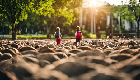 Two young boys walking on a path of rocks in a park on a sunny dayの写真素材