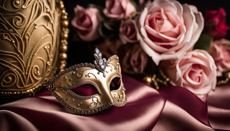 A close-up of an ornate gold and jeweled Venetian masquerade mask, resting on a soft burgundy satin fabric. Delicate pink roses with golden beads add a touch of romanticism and elegance to the scene.の写真素材