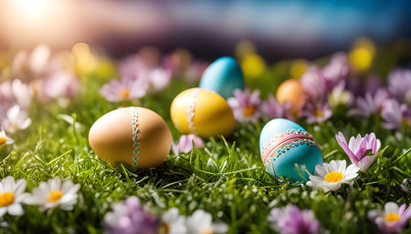 Close-up of colorful Easter eggs in a field of green grass and blooming flowers. A symbol of spring, hope, and new life.の写真素材