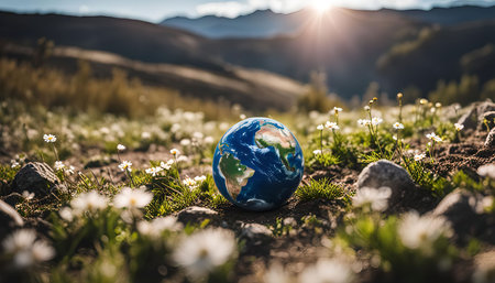 A miniature globe rests in a field of white flowers, with a mountain range in the background and a warm glow from the sun.の写真素材