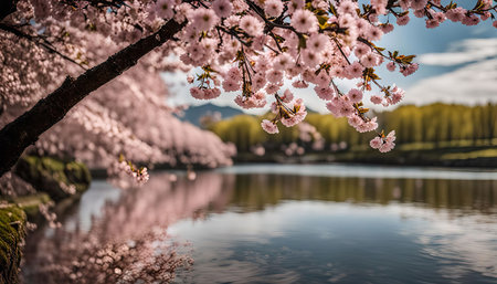 A picturesque scene with pink cherry blossoms in full bloom, gracefully cascading over a serene lake, reflecting the beauty of nature in spring.の写真素材