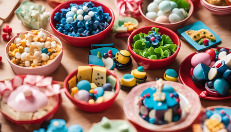 An arrangement of colorful desserts, candies, and sweets in various bowls, plates, and dishes. The vibrant colors and creative shapes create a visually appealing and appetizing display.の写真素材