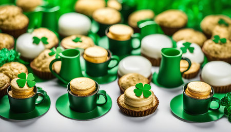 Closeup of cupcakes decorated with shamrocks and gold frosting, creating a festive and delicious scene for St. Patrick's Day.の写真素材