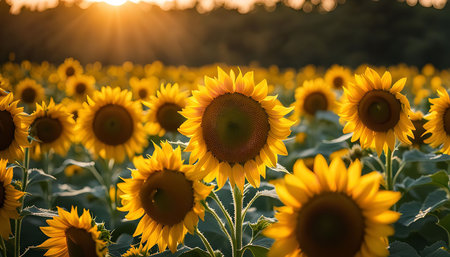 A stunning photograph of a field of sunflowers in full bloom, bathed in the warm glow of a setting sun. The sunflowers are vibrant and yellow, with their petals reaching towards the sky, creating a beautiful and natural backdrop.の写真素材