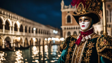 A person in a traditional Venetian carnival mask stands with the city of Venice illuminated behind them.の写真素材