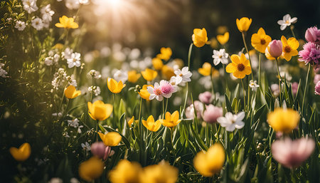 A vibrant meadow bursting with wildflowers bathed in warm sunlight, showing the beauty of nature in bloom.の写真素材