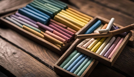A collection of colorful pastel sticks in wooden boxes arranged on a rustic wooden surface.の写真素材