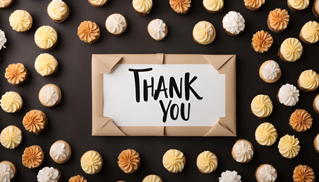A card with the words 'Thank You' written on it is surrounded by various cupcakes of different colors.の写真素材