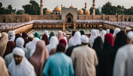A large group of Muslims gather in a mosque for prayer, a serene and spiritual moment of unity and devotion. The image captures the essence of faith and the importance of community in Islam.の写真素材