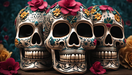 Three sugar skulls decorated with colorful floral patterns and flowers, a traditional symbol of the Day of the Dead.の写真素材