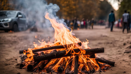 A close-up image of a bonfire burning brightly in a forest setting with people and a car in the background.の写真素材