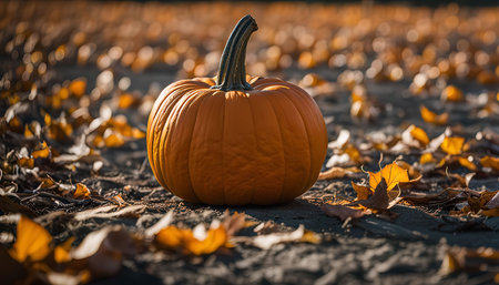 A single pumpkin sits on the ground in a field of fallen leaves. The pumpkin is orange and round, and the leaves are yellow, brown, and red. The colors of the scene are warm and inviting, and the atmosphere is peaceful and serene.の写真素材