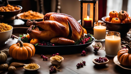 A delicious roasted turkey sits center stage at a Thanksgiving dinner, surrounded by side dishes and candles on a rustic wooden table. The warm glow of the candles creates a cozy and inviting atmosphere for a family gathering.の写真素材