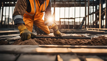 A construction worker in a hard hat and safety vest lays a piece of rebar for a foundation on a construction site.の写真素材