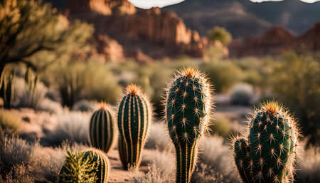 A close-up shot of a group of cacti in a desert landscape. The cacti are in focus, while the background is blurred. The cacti are green and prickly, and the desert is dry and barren.の写真素材